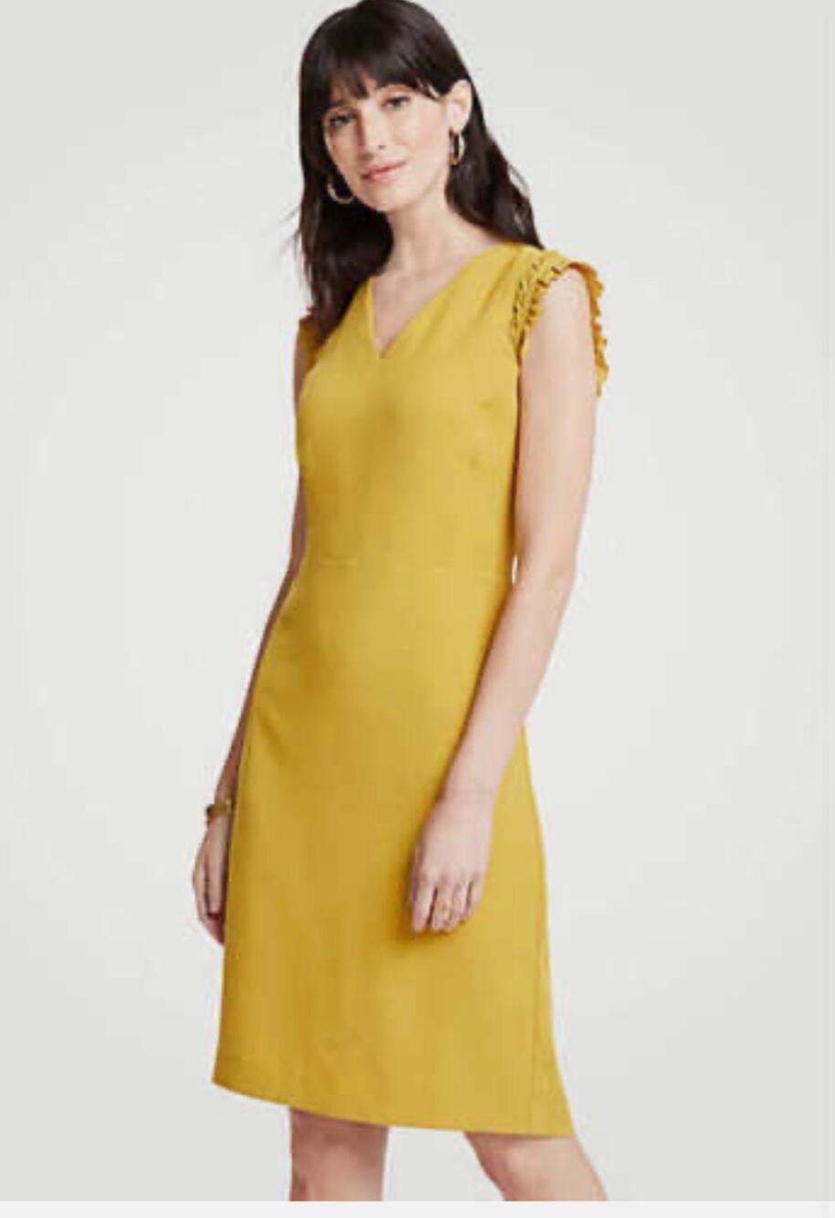 Ann Taylor Women's Mustard Yellow Ruffle Sleeve V Neck Sheath Dress 00P NWOT